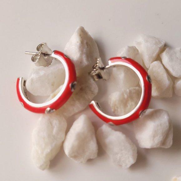 Red Enamel Hoops / Huggies Earrings W cz on silver - Picture 2 of 7